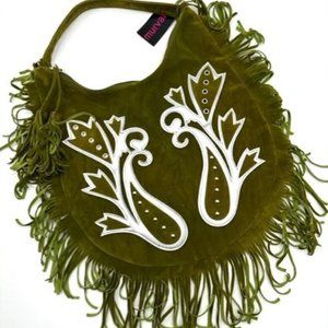 Murval Green Suede Handbag with Fringe and White Accents